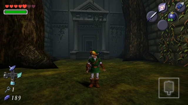 Link standing in a tree-lined courtyard at the Forest Temple