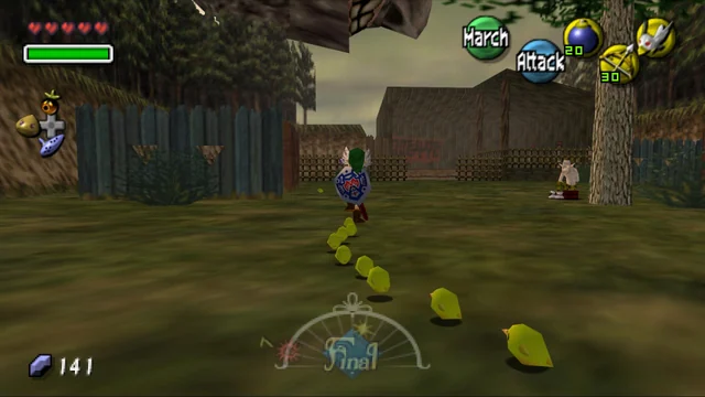 Link running past a line of chicks in a village
